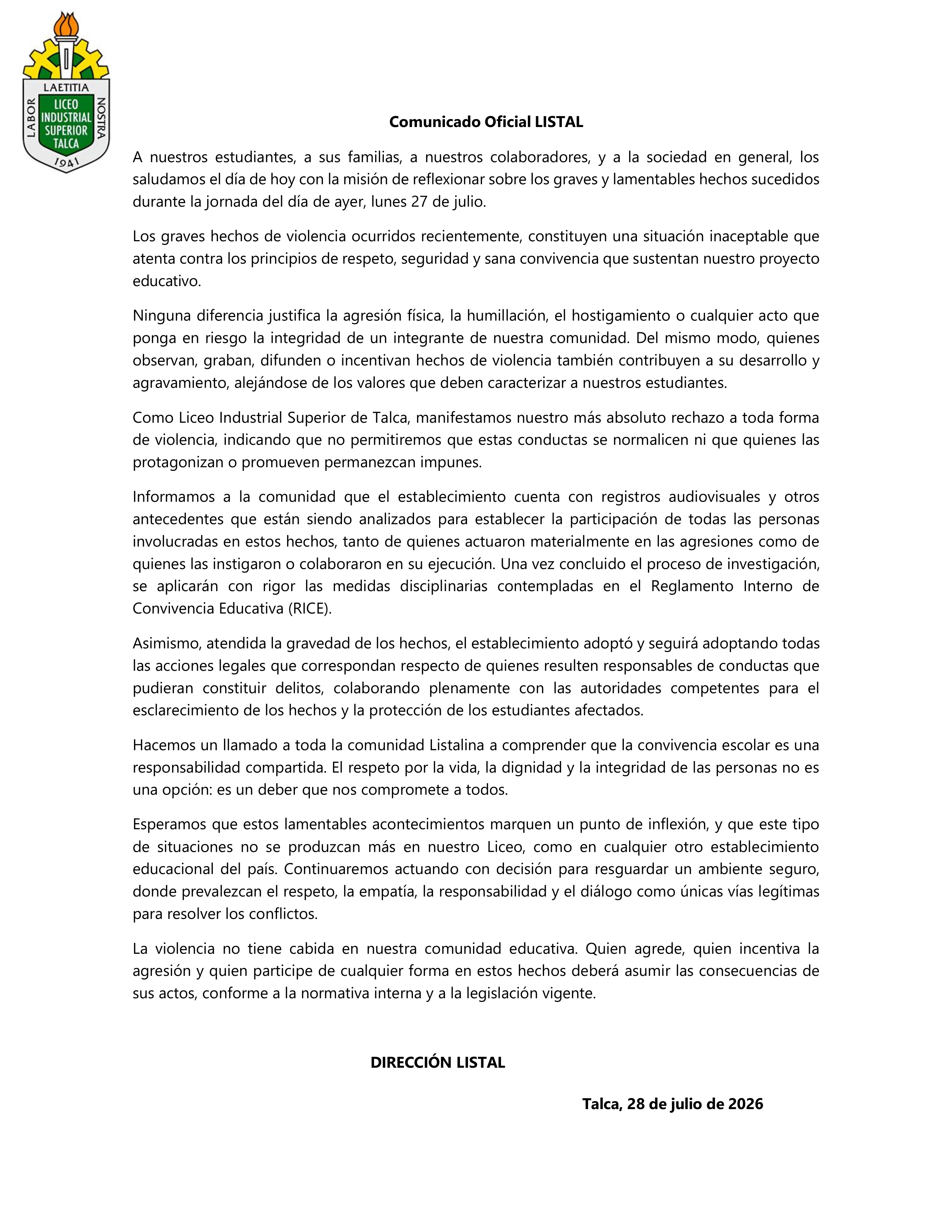 Información destacada del Liceo Industrial Superior Talca
